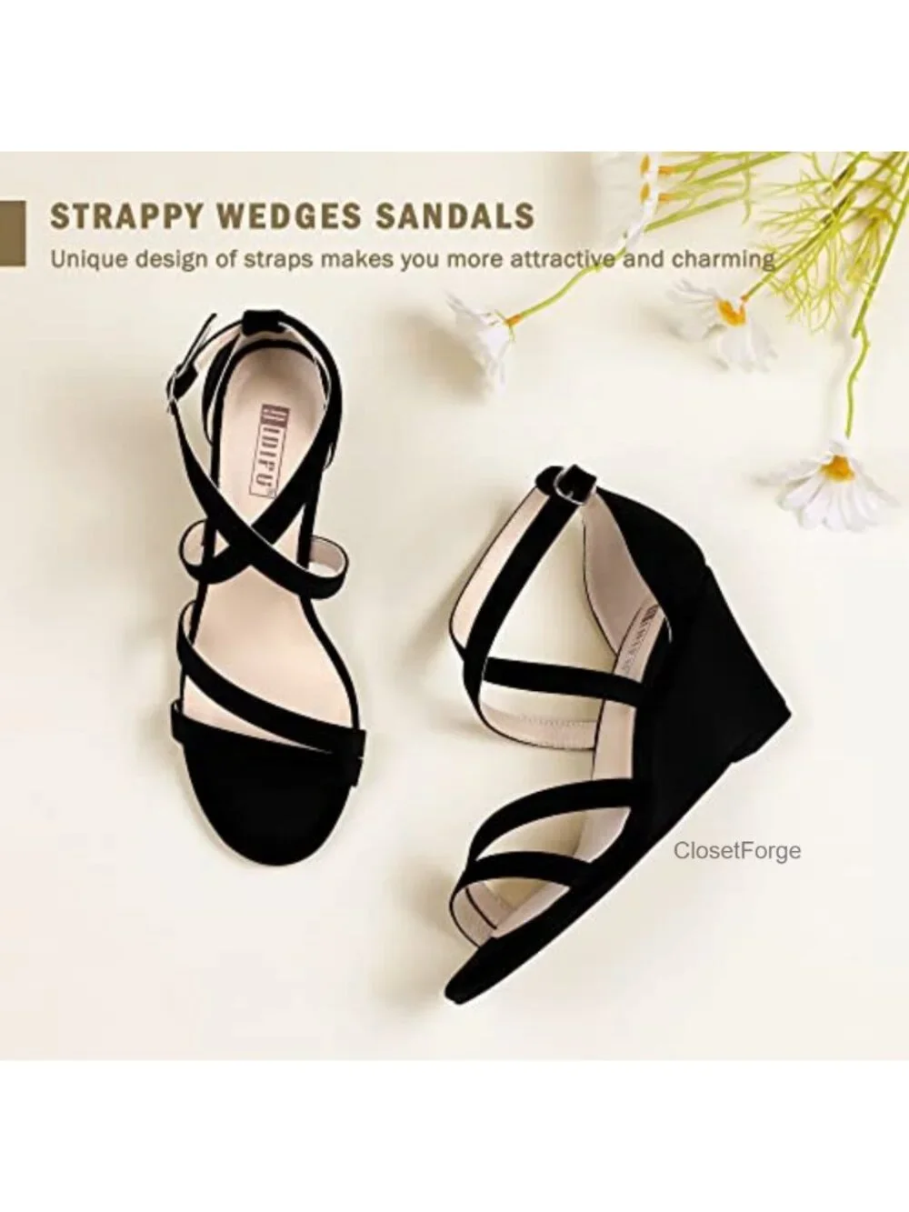 Strappy Wedge Heels Sandals 3 Inch Open Toe Ankle Strap Summer Dress Shoes